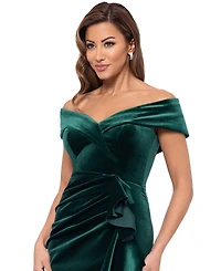 Xscape Petite Ruffled Off-The-Shoulder Velvet Gown