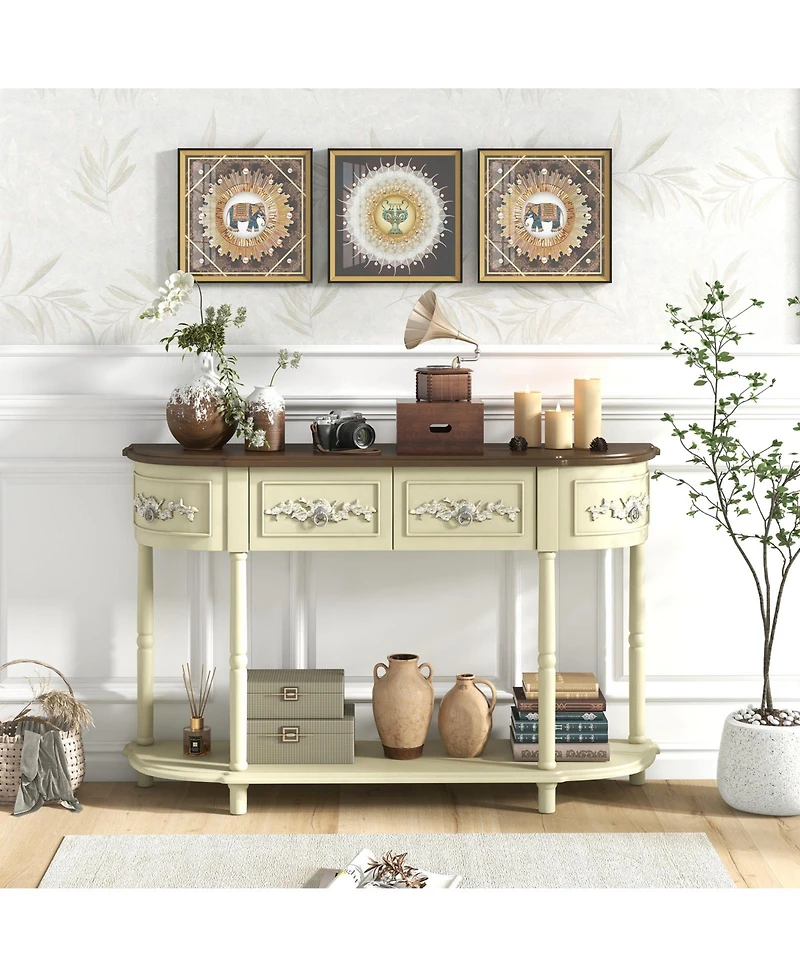 Retro Curved Console Table with Drawers and Solid Wood Legs-Beige