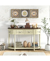 Retro Curved Console Table with Drawers and Solid Wood Legs-Beige