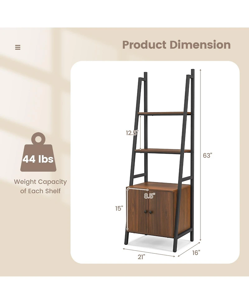 4-Tier Ladder Shelf with Cabinet and Metal Frame-Rustic Brown