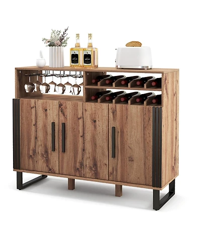 Gymax Home Wine Bar Cabinet w/ 3 Doors & Adjustable Shelves 2-tier Wine Rack Sideboard