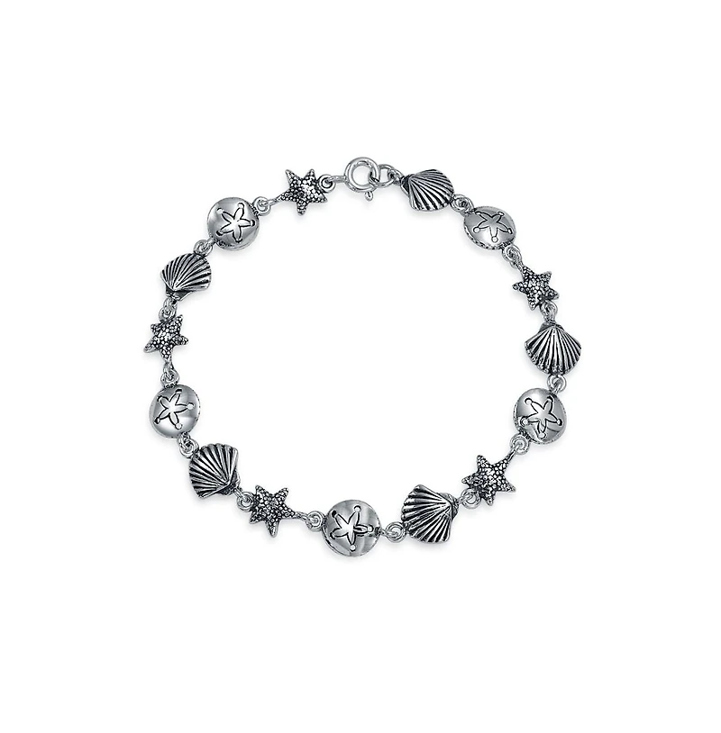 Bling Jewelry Tropical Beach Vacation Nautical Multi Charm Sand Dollar Sea Shell Starfish Link Bracelet Oxidized .925 Sterling Silver 7.5 Inch