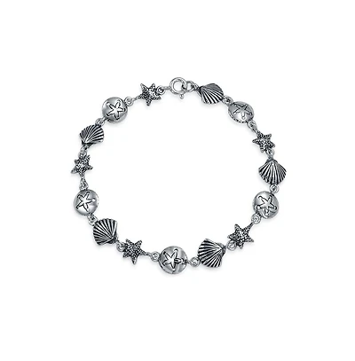 Bling Jewelry Tropical Beach Vacation Nautical Multi Charm Sand Dollar Sea Shell Starfish Link Bracelet Oxidized .925 Sterling Silver 7.5 Inch