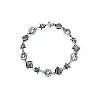Bling Jewelry Tropical Beach Vacation Nautical Multi Charm Sand Dollar Sea Shell Starfish Link Bracelet Oxidized .925 Sterling Silver 7.5 Inch