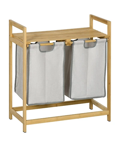 Homcom Double Laundry Hamper with 2 Removable Bags, and Natural Wood