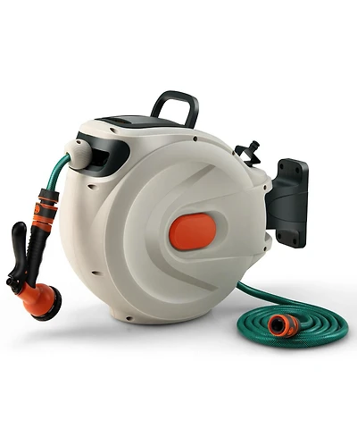 Givimo 98ft Wall Mounted Retractable Garden Hose Reel with Hose Nozzle and Auto Rewind
