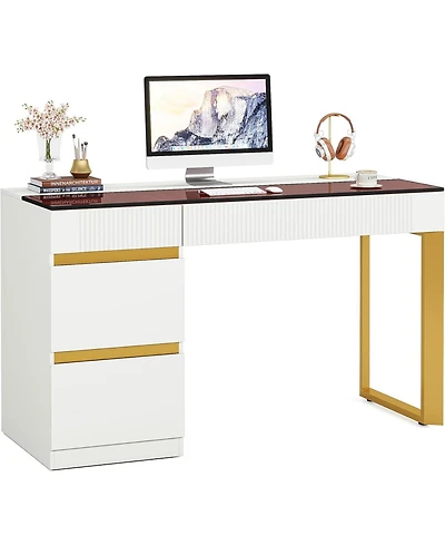 Tribesigns Computer Desk with 4 Drawers, 47 Inch Modern Home Office Desk with Glass Top, White and Gold Writing Workstation Desk with Storage, Makeup