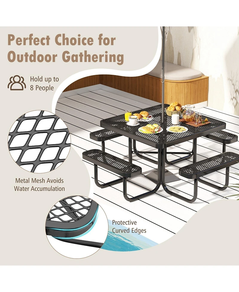 Givimo Square Picnic Table and Bench for 8 Person with Seats and Umbrella Hole-Black