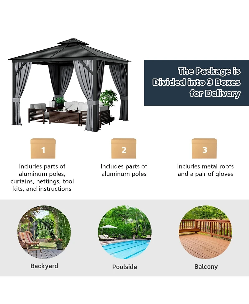 10 x 10 Feet Double-Top Hardtop Gazebo with Galvanized Steel Roof-Gray