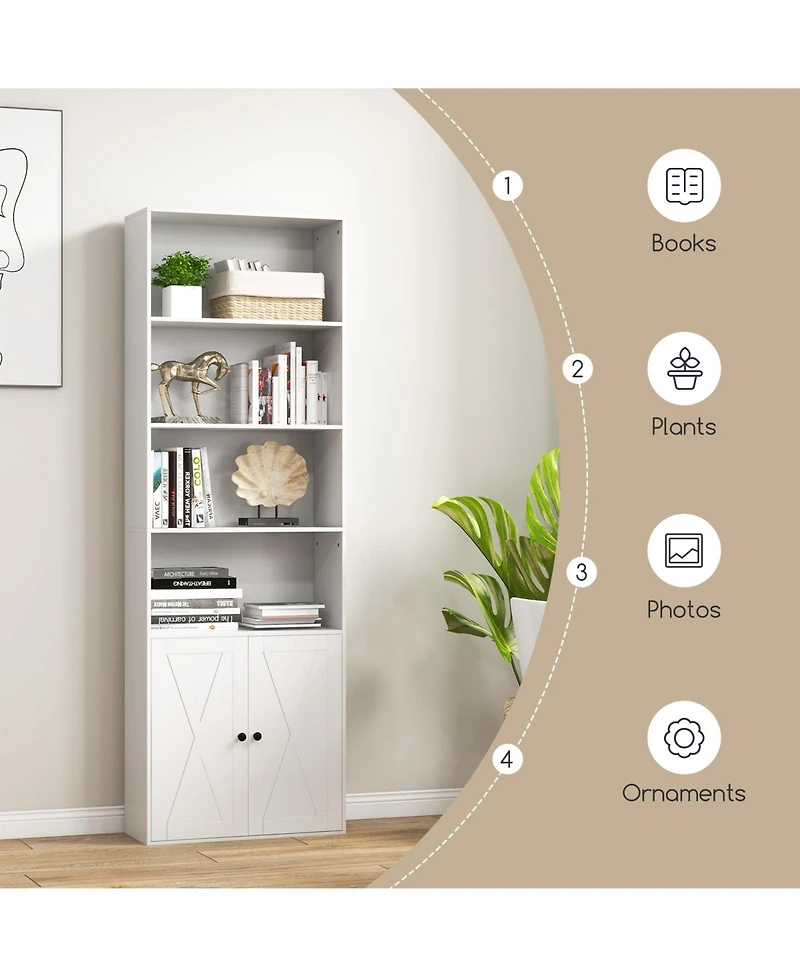 Sugift 71 Inch Freestanding Bookshelf with 6 Shelves and 2-Door Cabinet-White