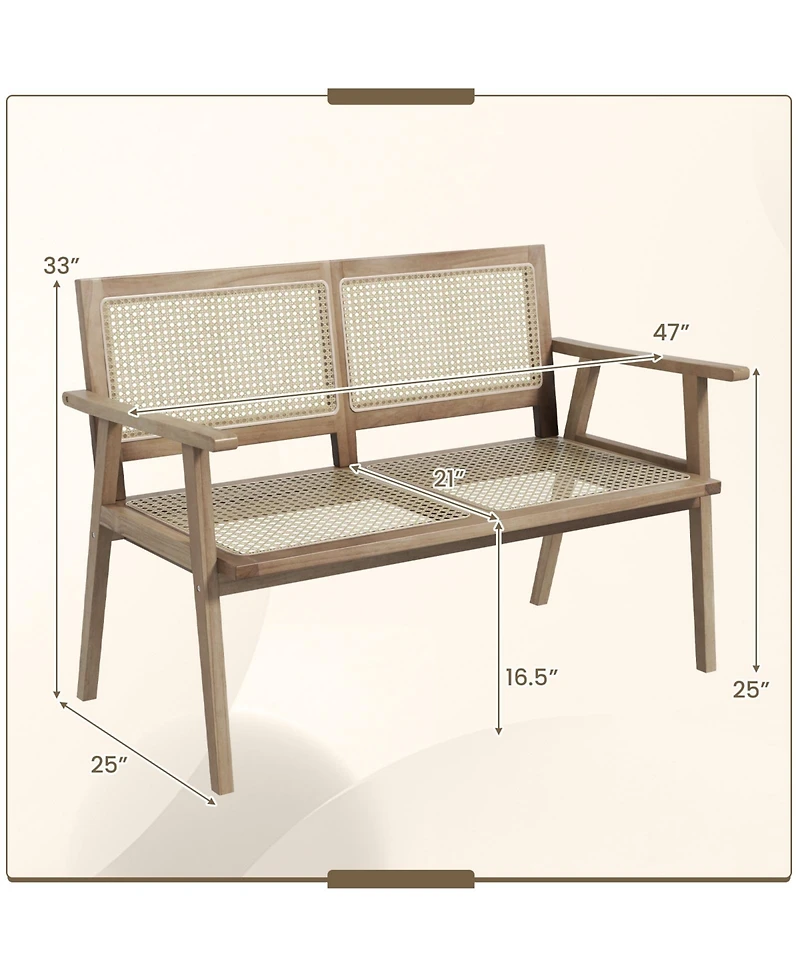Givimo Indonesia Teak Wood Garden Bench with Armrests and Natural Rattan Backrest