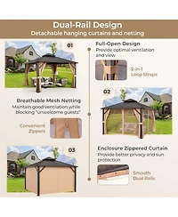 Givimo 12 x 12 Feet Double-Roof Patio Hardtop Gazebo with Galvanized Steel Roof Netting and Curtains-Coffee