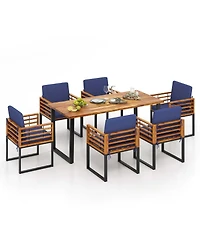 7pcs Patio Acacia Wood Dining Chair & Table Set Heavy-Duty Space-Saving Outdoor