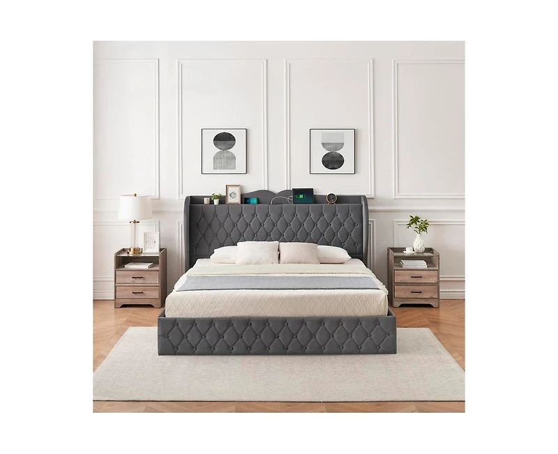 gaomon Upholstered Velvet Bed Frame With 4 Storage Drawers and Charging Station, Button Tufted Platform Bed With Wingback Headboard Shelf, Heavy Duty,