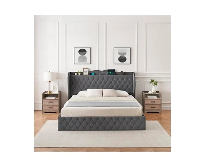 gaomon Upholstered Velvet Bed Frame With 4 Storage Drawers and Charging Station, Button Tufted Platform Bed With Wingback Headboard Shelf, Heavy Duty,