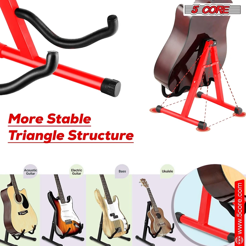 5 Core Guitar Stand Floor A Frame Adjustable Folding Holder With Rubber Feet Heavy Duty Electric Acoustic Bass Cello Stands Pair - Red