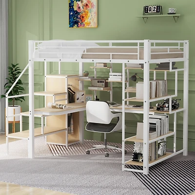 Streamdale Metal Loft Bed with Staircase, Wardrobe, Desk, & Shelves
