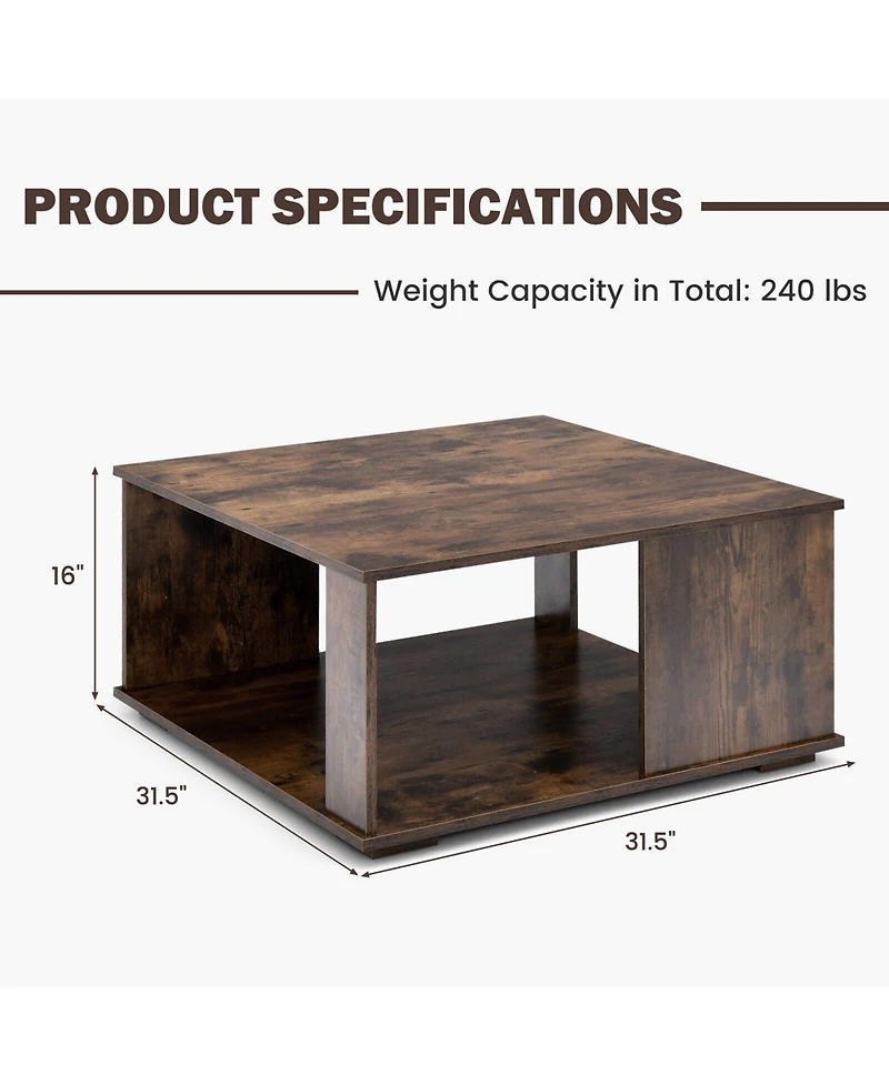 Sugift 2 Tiers Square Coffee Table with Storage and Non-Slip Foot Pads-Rustic Brown
