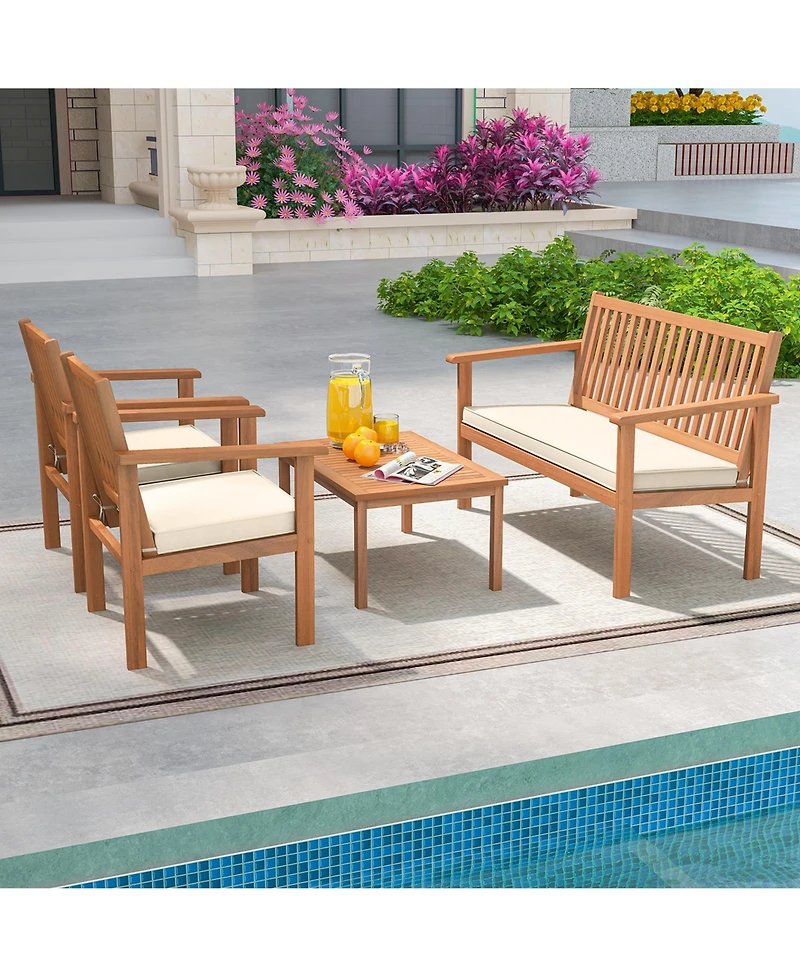 4 Pcs Patio Wood Furniture Set with Loveseat, 2 Chairs & Coffee Table for Porch