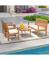 4 Pcs Patio Wood Furniture Set with Loveseat, 2 Chairs & Coffee Table for Porch