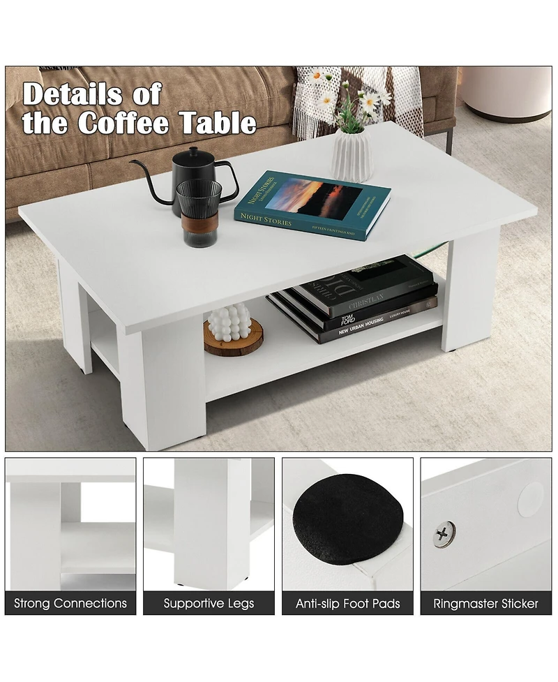 Sugift Large 36 Inch 2-tier Wooden Modern Coffee Table with Storage Shelf