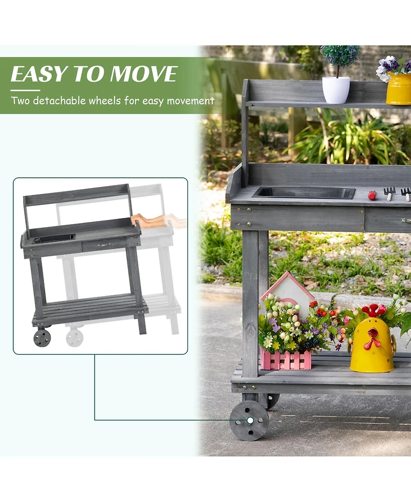 36" Gray Potting Bench with Wheels, Sink, Drawer & Storage