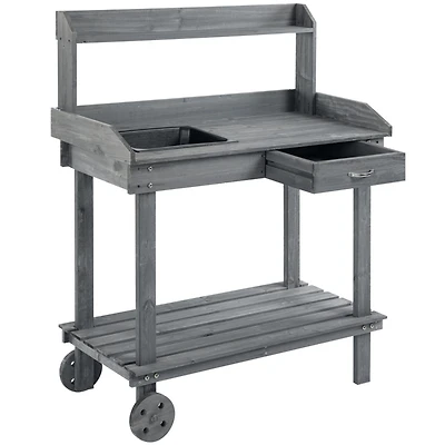 36" Gray Potting Bench with Wheels, Sink, Drawer & Storage
