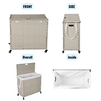 Powder-Coated Rattan Laundry Hamper with Removable Bags and Wheels