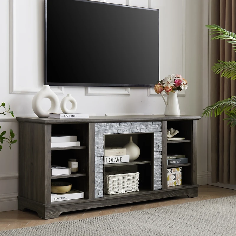 Streamdale Furniture Mantel Stone Tv Media Stand with Faux Stone Surround