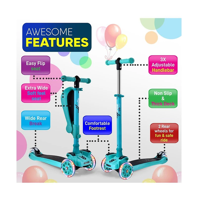 Hurtle Kids Scooter - Child Toddler Kick Scooter Toy with Foldable Seat