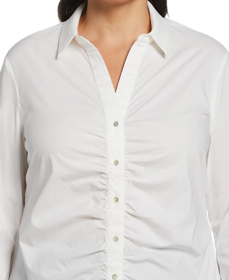 Rafaella Plus Ruched Front Poplin Long Sleeve Button-Down Shirt
