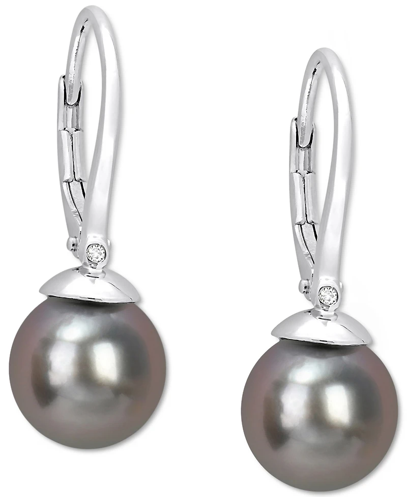 Cultured Tahitian Pearl (8mm) Leverback Drop Earrings in Sterling Silver