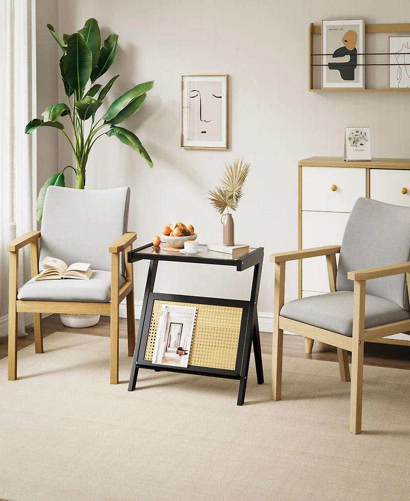 Sugift Rattan Side Table Bamboo Accent Bedside Table with Tempered Glass Top Black