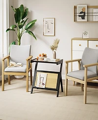 Sugift Rattan Side Table Bamboo Accent Bedside Table with Tempered Glass Top Black