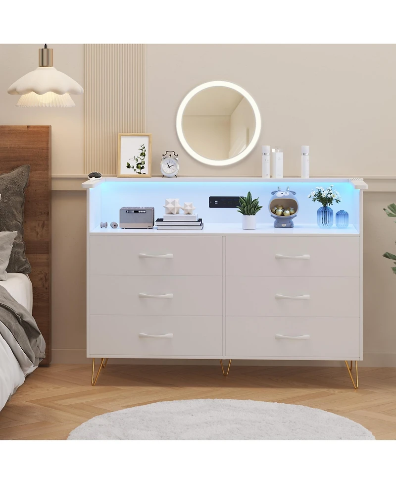 gaomon Dresser for Bedroom with Led Light & Charging Station, 6 Wooden Drawers Dressers with 2-Tier Open Shelves, Modern Chest of Double Wide Drawers