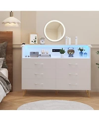 gaomon Dresser for Bedroom with Led Light & Charging Station, 6 Wooden Drawers Dressers with 2-Tier Open Shelves, Modern Chest of Double Wide Drawers