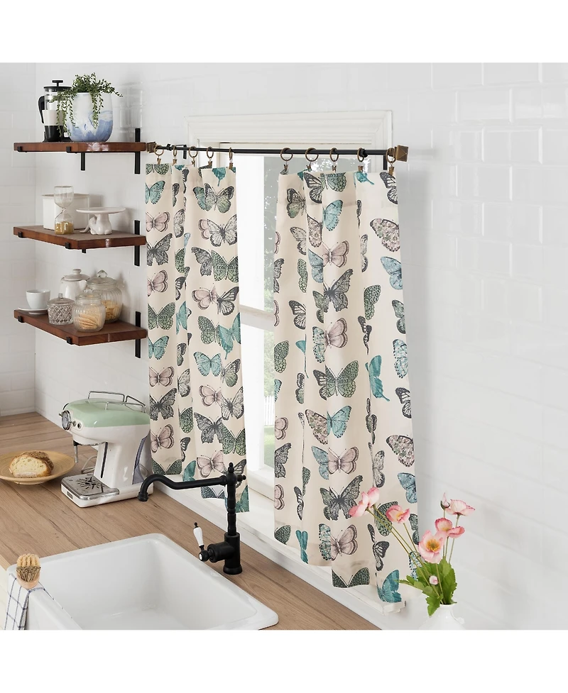 Magdalena Butterfly Print Sheer Rod Pocket Kitchen Curtain Tier Pair