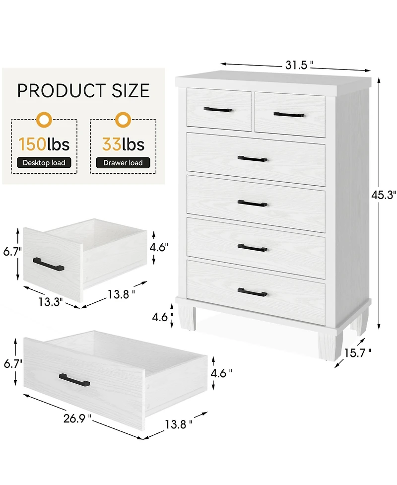 Dresser for Bedroom, 6 Drawer Dresser with Metal Handles, White Chest of Drawers Closet Organizers and Storage Clothes, Wood Drawer Dresser for Closet