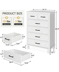 Dresser for Bedroom, 6 Drawer Dresser with Metal Handles, White Chest of Drawers Closet Organizers and Storage Clothes, Wood Drawer Dresser for Closet