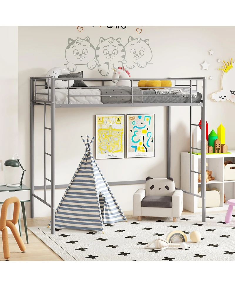 Gymax Twin Metal Loft Bed Frame w/ 2 Ladders Full-length Guardrail Space-Saving Silver