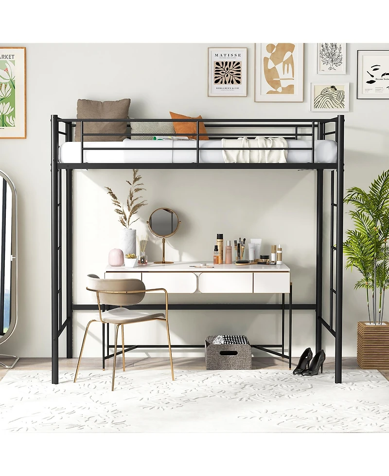 Gymax Metal Twin Loft Bed Space-saving Loft Bed Frame w/ Full-length Safety Guardrail 2 Ladders Black