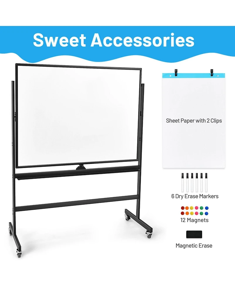 Vebreda 48 x 36 Inch Mobile Magnetic Double-Sided Reversible Whiteboard Height Adjust