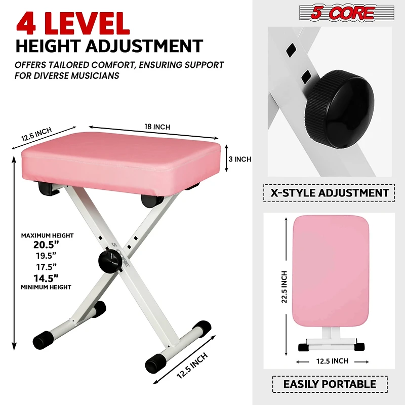 5 Core Keyboard Bench 3" Padded Cushioned Piano Stool Height Adjustable Guitar Seat Folding Portable - Kbb Pnk Hd