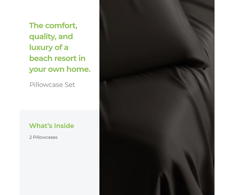 Cariloha Retreat 2-Piece Sateen Pillowcase Set | Black Sand |Standard | Lyocell Material | Breathable, Corner Straps, Extra soft & Cooling