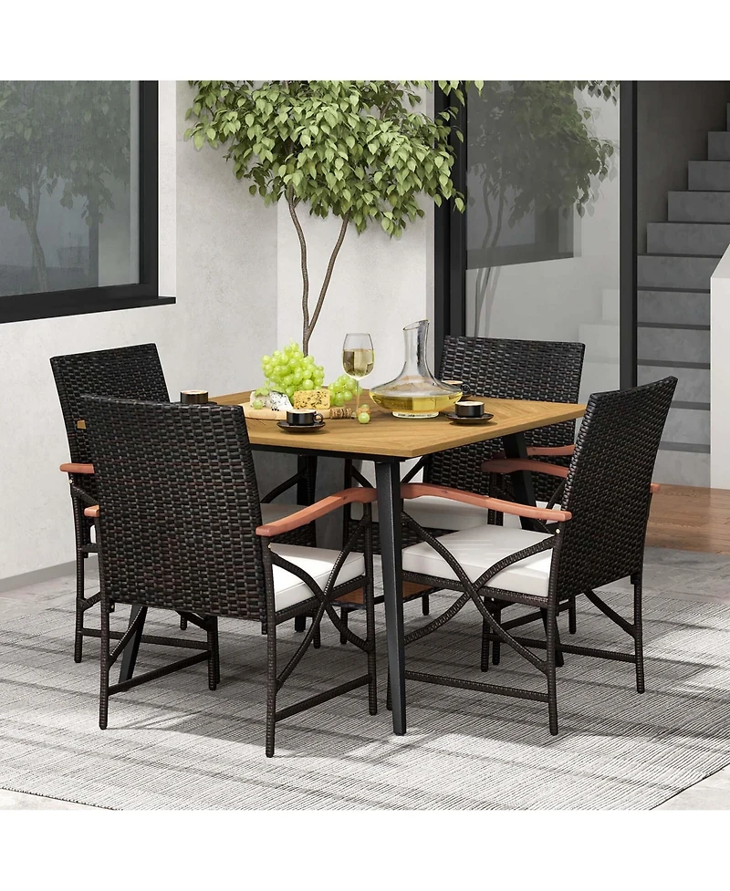 5 Pcs Patio Pe Wicker Dining Set Table and Chairs with Cushions 1.9" Umbrella Hole
