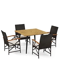 5 Pcs Patio Pe Wicker Dining Set Table and Chairs with Cushions 1.9" Umbrella Hole