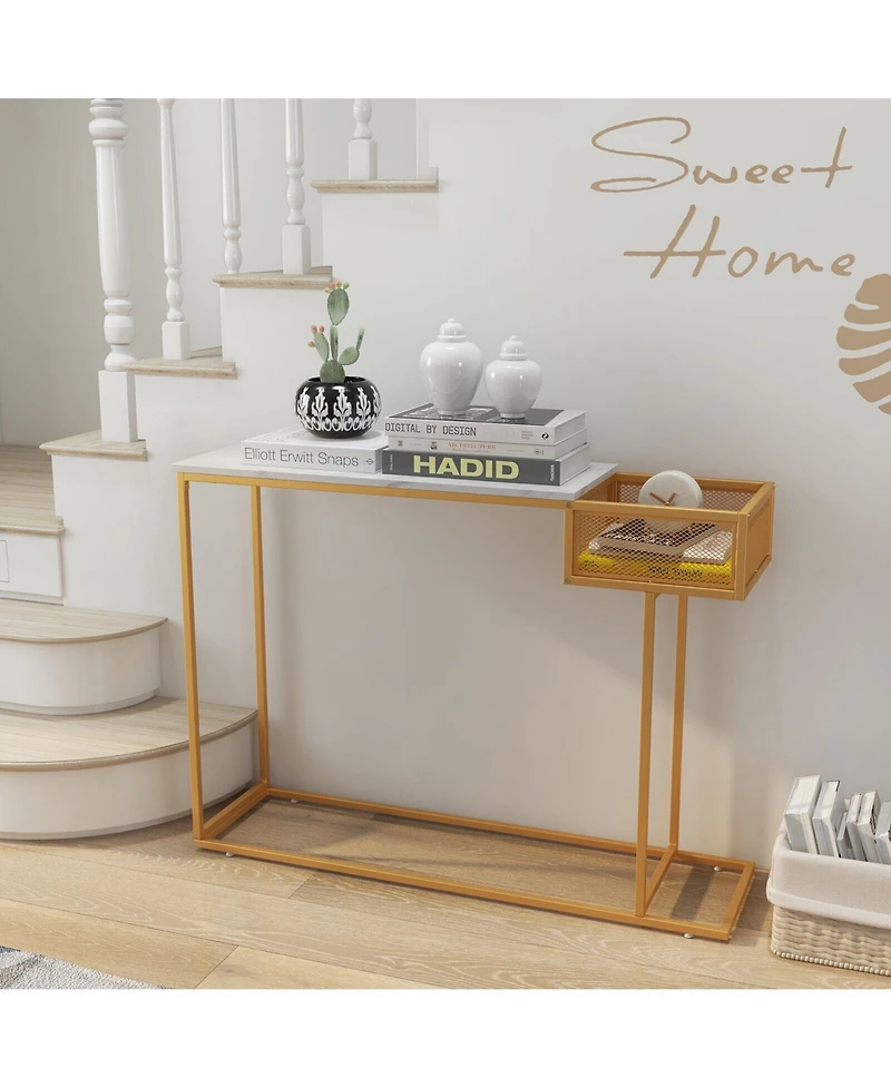 Sugift Rectangular White Faux Marble Console Table with Storage-Gold