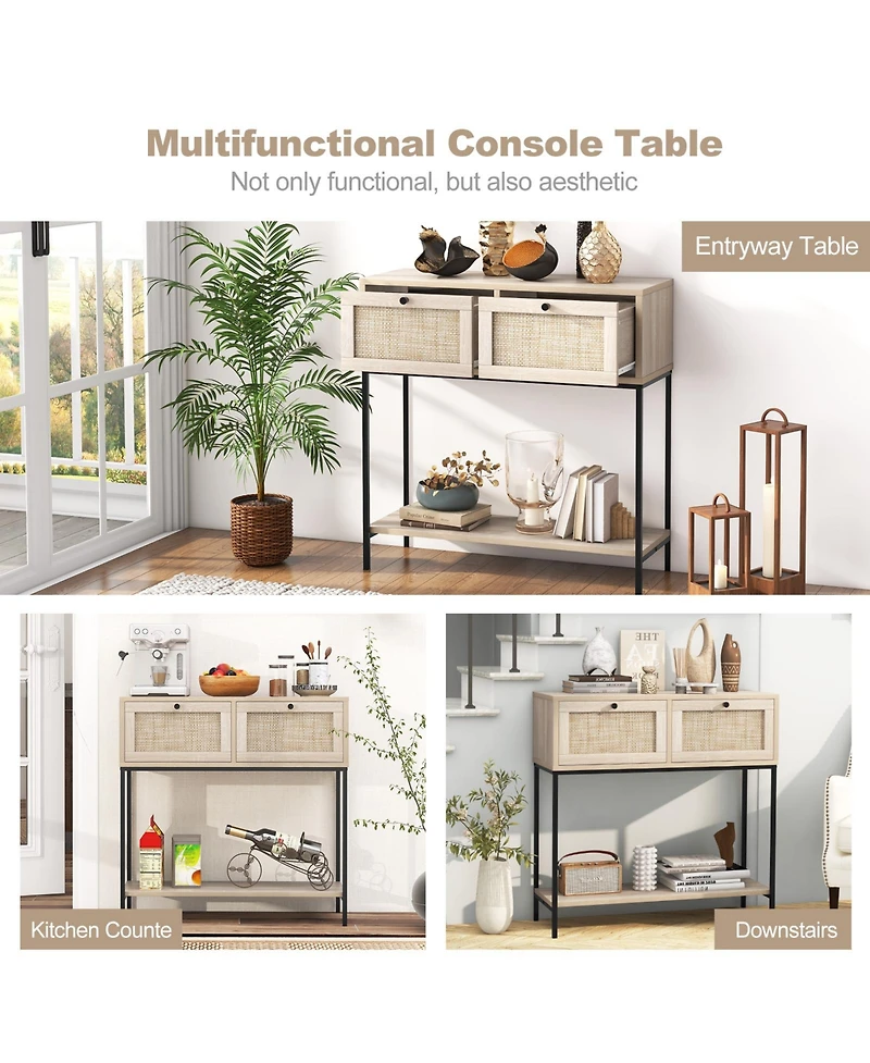 Sugift Rattan Console Table Boho Entryway Table with 2 Rattan Drawers and Open Storage Shelf-Oak