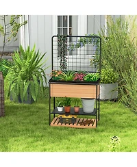 Sugift Raised Garden Bed with Trellis 2-tier Storage Shelves-Natural