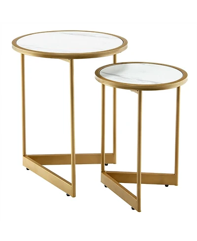 Skonyon Round Nesting Table Set of 2 with Marble-like Tabletop-White
